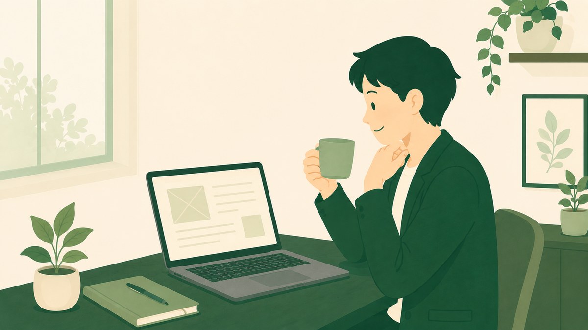完成した議事録をパソコンで確認しながらコーヒーを飲む様子